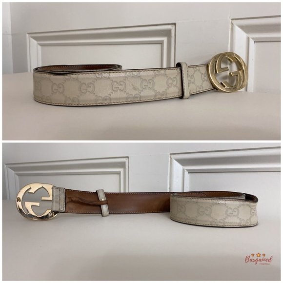 Authentic Gucci Cream Guccissima Leather Gold Interlocking G Buckle Belt 85/34 - Picture 10 of 13